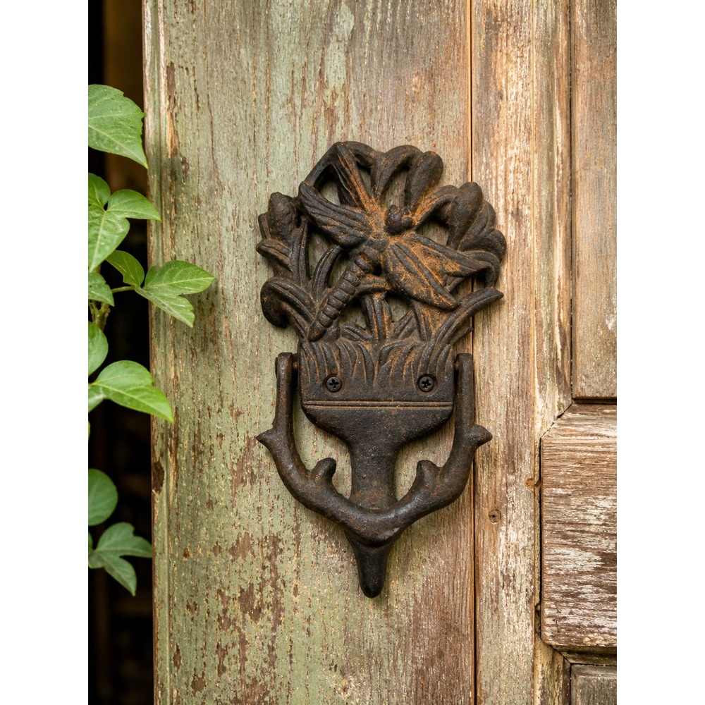 Cast Iron Dragonfly Door Knocker Rustic Garden Cottagecore Floral Entry Decor